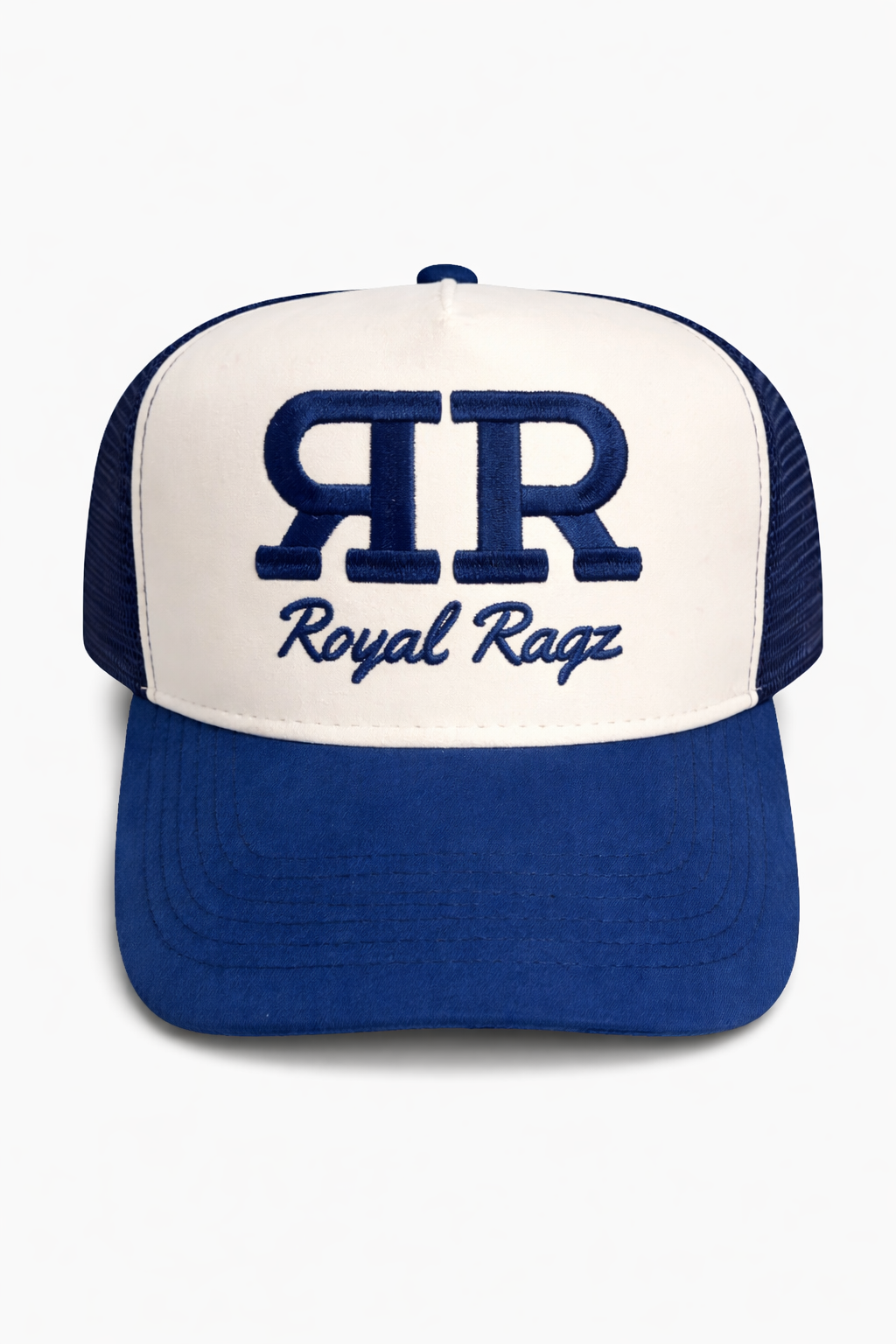 Royal Rags: RR Signature Suede Trucker Hat (Royal Blue & White Edition)